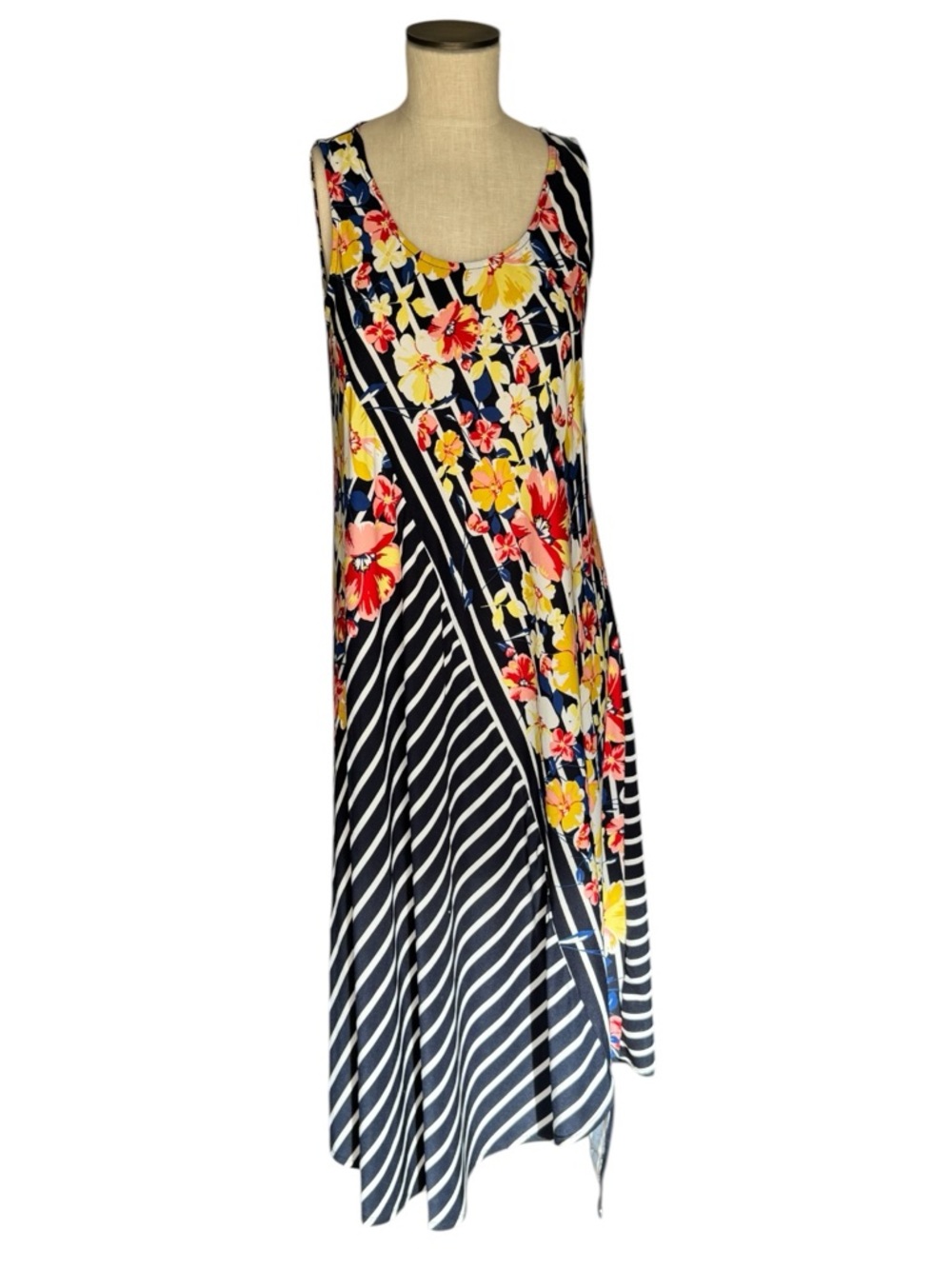 Melissa Paige Navy Striped Floral Sleeveless Pullover Stretch Maxi Sundress Sz S
